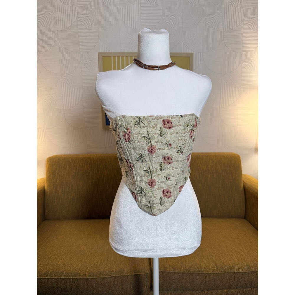 The Vintage Shop Floral Tapestry Corset Top Lace Up Bustier Rose Print Medium
